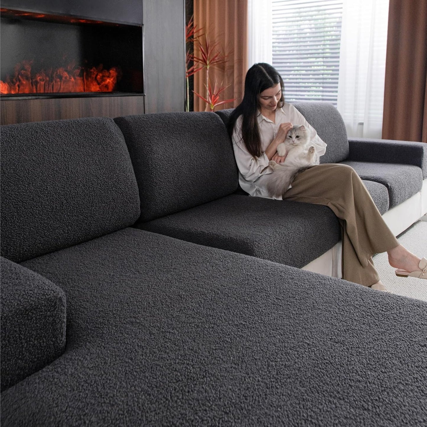 Couch Cushion Covers for Sectional Sofa, Stretch Soft Sofa Slipcovers Washable Wear-Resistant Universal Furniture Protector for Living Room(3 Seaters Covers, Dark Gray)