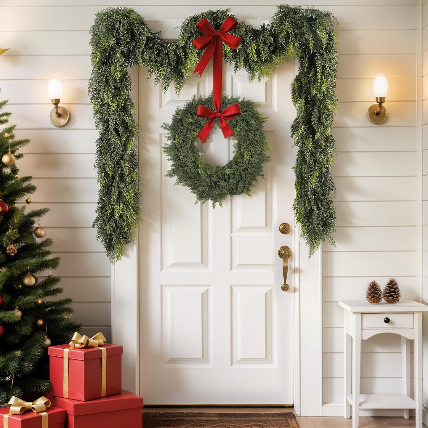 6 ft Christmas Garland, Cedar Garland, Real Touch Cypress Garlands, Green Artificial Greenery Garland for Mantel Indoor Outdoor Christmas Decorations