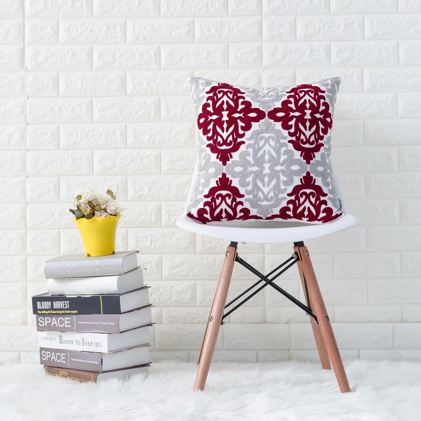 HWY 50 Burgundy Red Decorative Throw Pillow Covers 18x18 Inch (1 Piece), Embroidered Cotton Farmhouse Cushion Cover Pillow Case for Sofa Couch Living Room Bed Bedroon, Floral Geometric