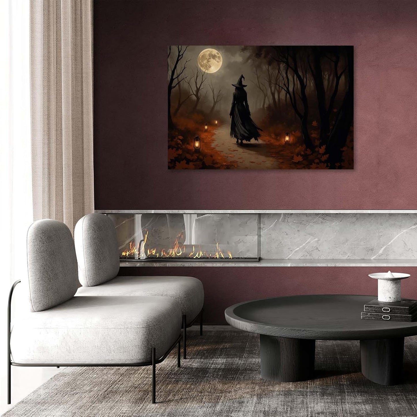 Moonlight witch poster dim lantern Halloween decoration Gothic style dark retro college style canvas wall art suitable for living room bedroom28x40in Wood Framed