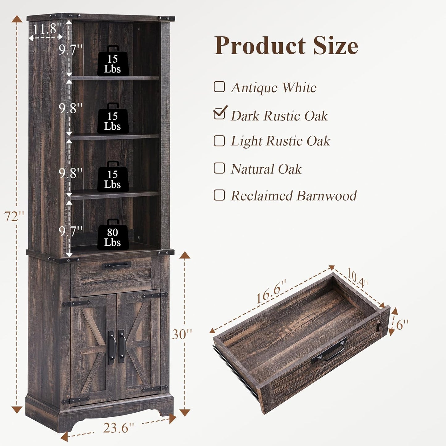 RedLemon Bookshelf with Storage Cabinet, 72" Tall Farmhouse Bookcase with Adjustable Shelves and Barn Door, 4 Tier Office Wood Bookshelf with Drawer for Office Library Living Room (Dark Rustic Oak)