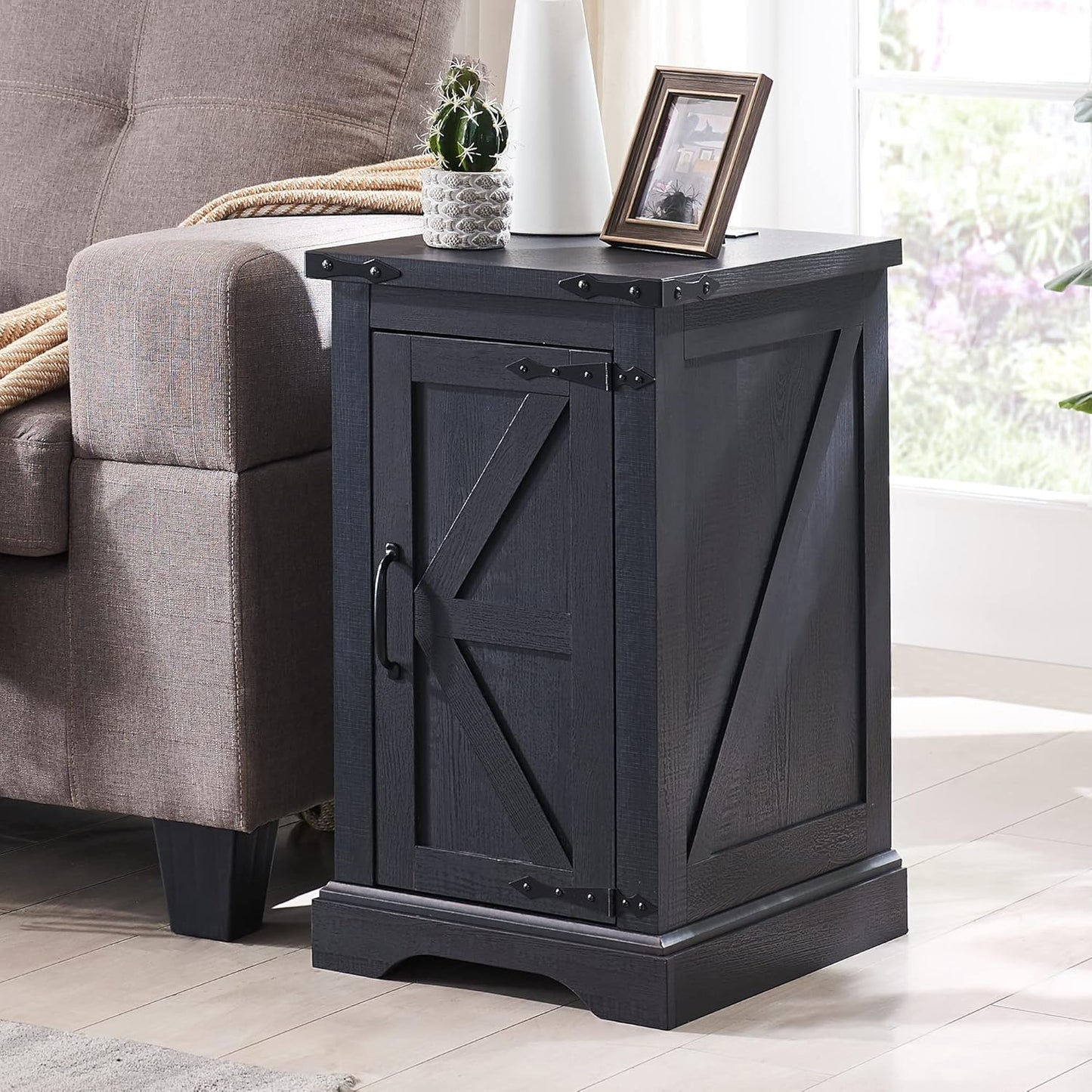 JXQTLINGMU Farmhouse Nightstand Set of 2 with Charging Station, 17" D Rectangular End Table with Barn Door & Adjustable Storage Shelf, Wood Rustic Sofa Side Table for Living Room, Bedroom, Black