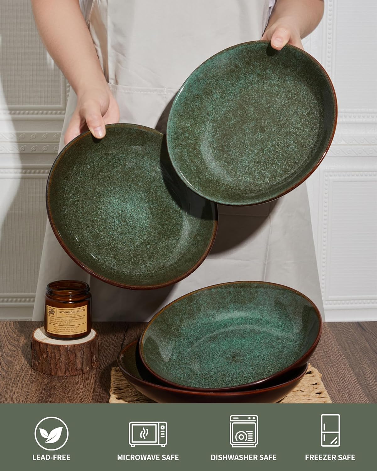 12 Piece Dinnerware Sets with Pasta Bowls, Stain Resistant Dish Set, Easy Cleaning Dishes, Multi-Functional Plate and Bowl Set, Stack Compactly Plates, Service for 4 Sage Green