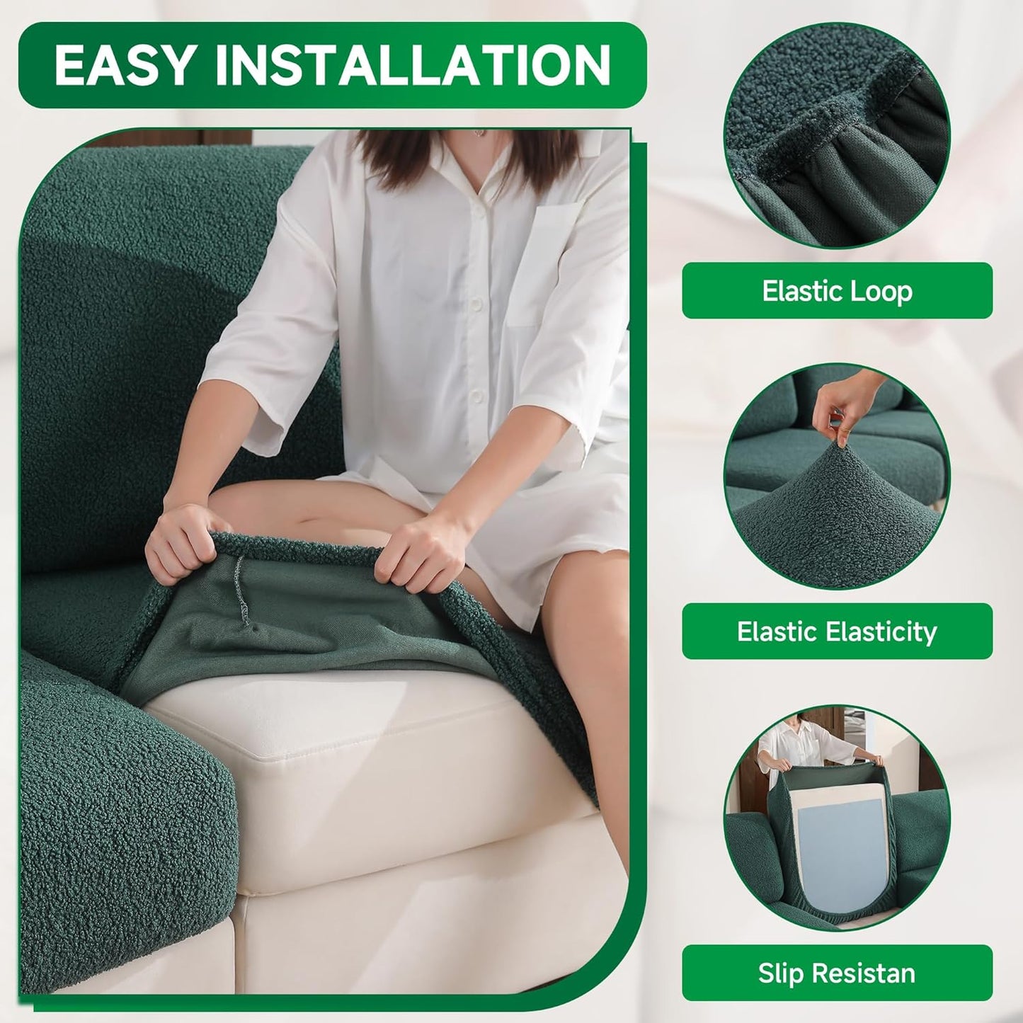 Couch Cushion Covers for Sectional Sofa, Stretch Soft Sofa Slipcovers Washable Wear-Resistant Universal Furniture Protector for Living Room(1 Piece Chair Cover, Green)