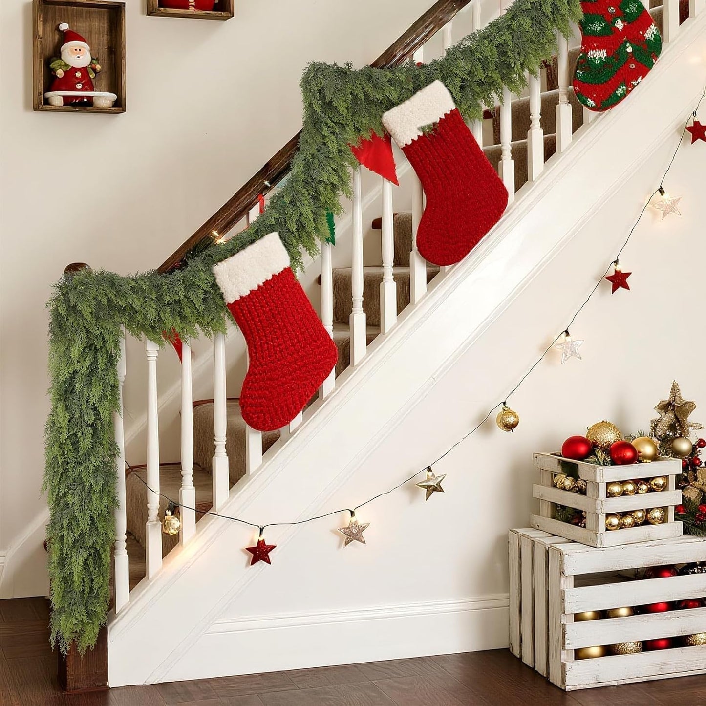 Real Touch Christmas Cedar Garland -5ft Artificial Garlands Faux Cedar Fake Pine Needles Garland for Fireplace,Table,Window,Stairs,Mante,Holiday Indoor Outdoor Xmas Decor(2PCS)