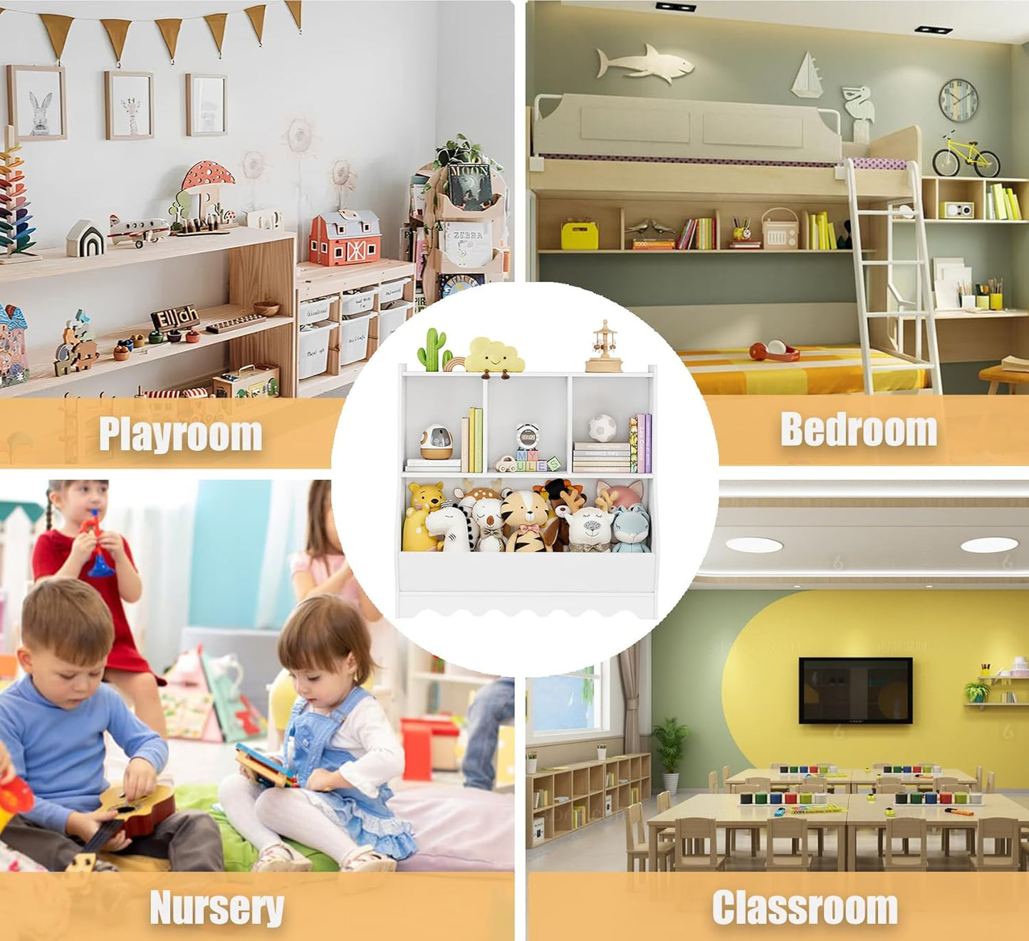 Wood Kid Storage Cubby, Toy Storage Organizer with Bookshelf, 32"L x 15"D x 31"H Montessori Toy Shelf, Nursery Book Shelves, Wooden 4-Cubby Children Book Shelf for Playroom Classroom, White