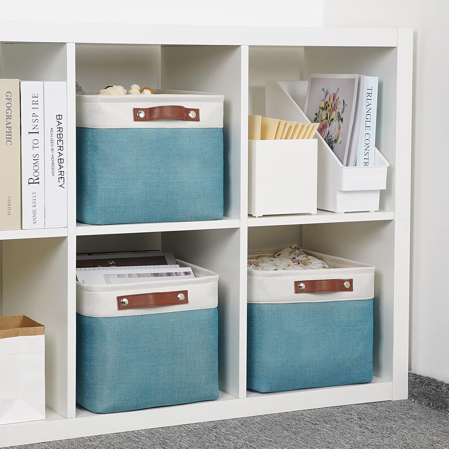 DULLEMELO Storage Baskets for Shelves, Fabric Collapsible Rectangular Storage Bins for Shelves, Closets, Nursery, Home, Empty Gift Baskets (3-Pack Medium-15 inch X 11 inch X 9.5 inch , White&Teal)