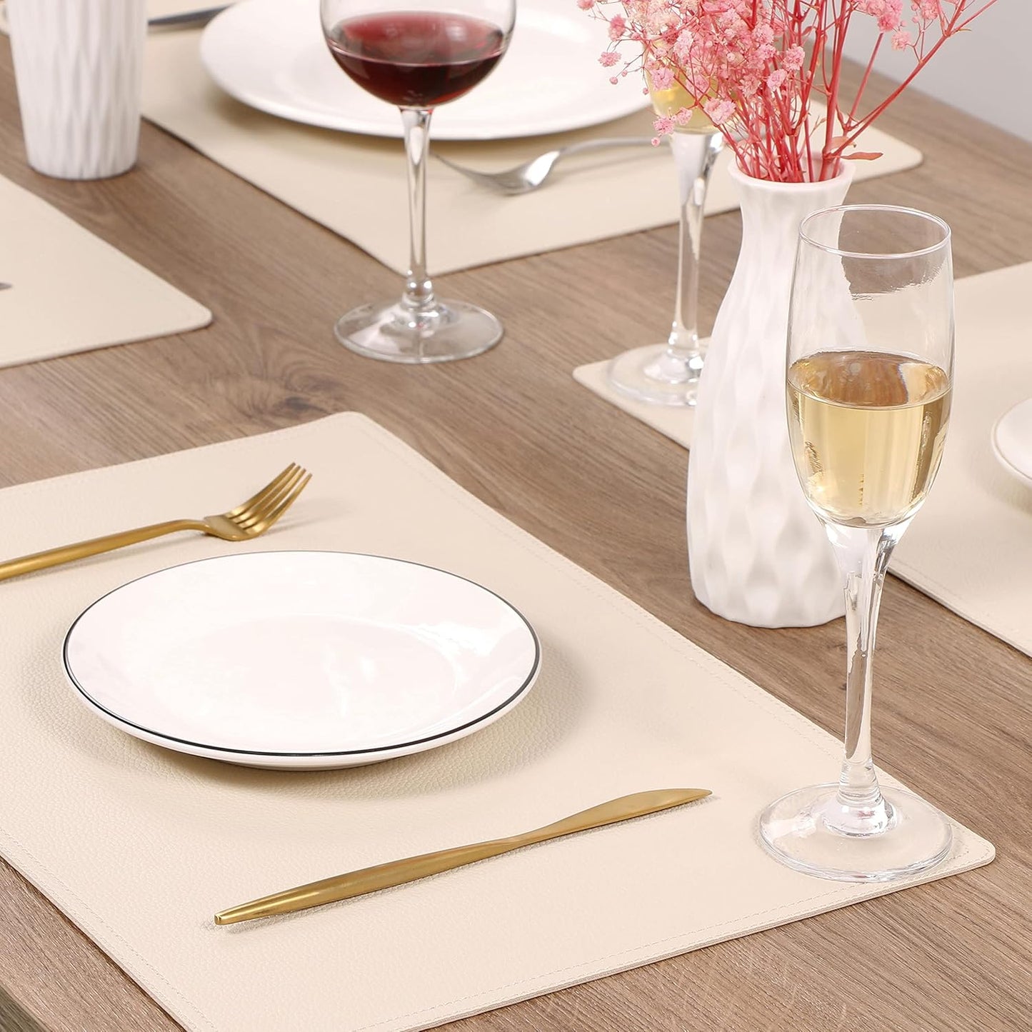 Set of 8 Faux Leather Placemats, PU Table Mats, Waterproof, Stain Resistant, Heat Resistant, Non-Slip Easy to Clean for Kitchen Dining Table,Conference Table, Beige