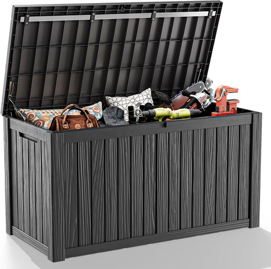 150 Gallon Outdoor Deck Box,Storage Lockable Waterproof Patio Furniture,Garden Tools,Cushions,Pool Accessories Outside Storage Resin Box(Black)