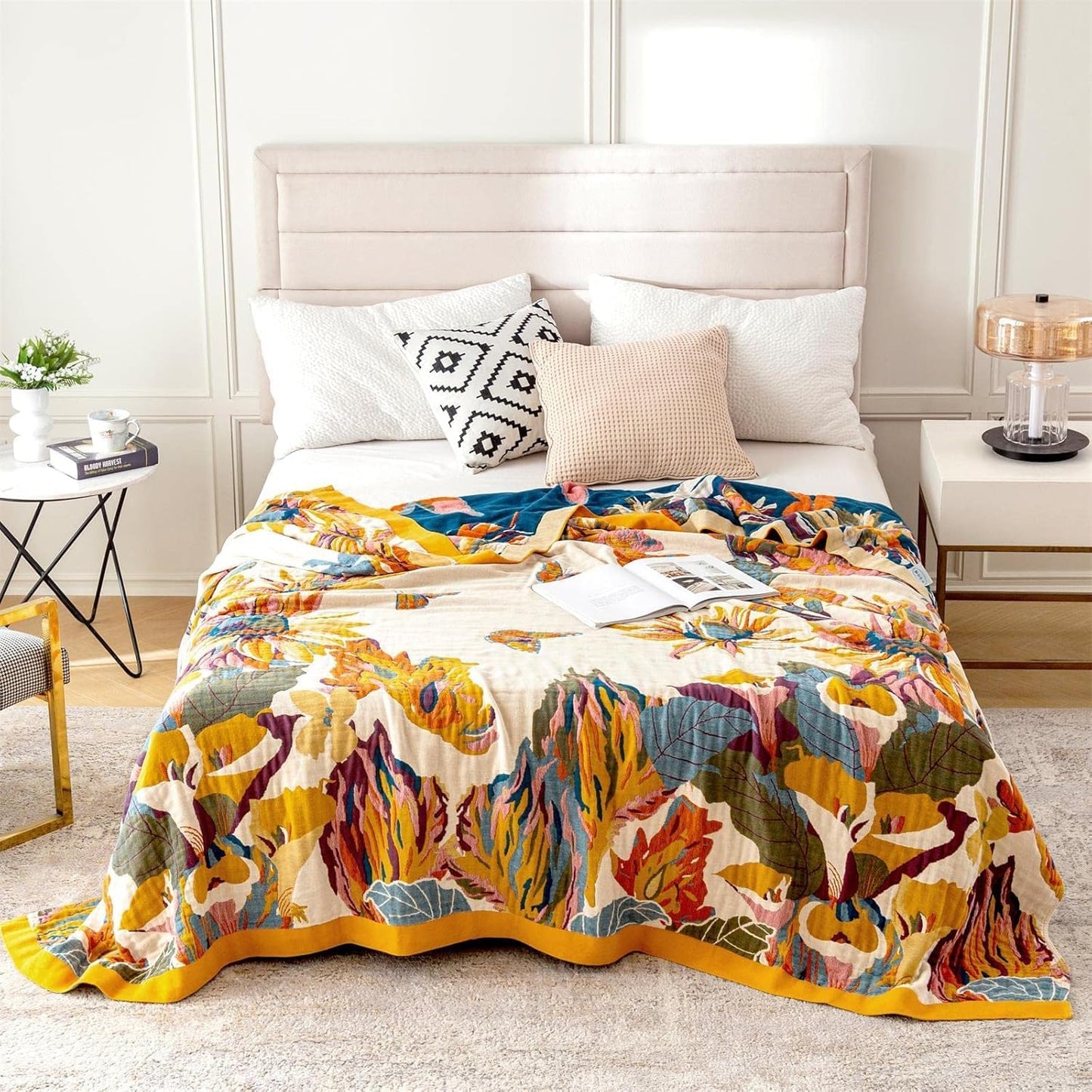 MSGKV Boho Throw Blanket Queen Size 90" x 90" Warm Blanket for Couch and Sofa Blankets Cover for Living Room Summer Throw Cozy Blanket