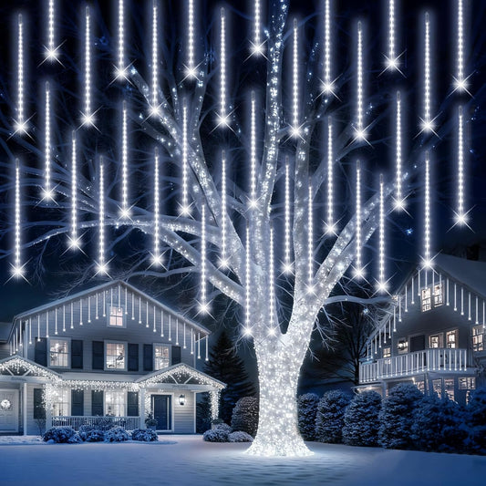 PEMOTech Christmas Lights Outdoor,24 Tubes 30cm 576 Led Meteor Shower Lights, Waterproof Christmas Decorations Icicle Light for Xmas Tree Halloween Party, Ul Plug,Cool White