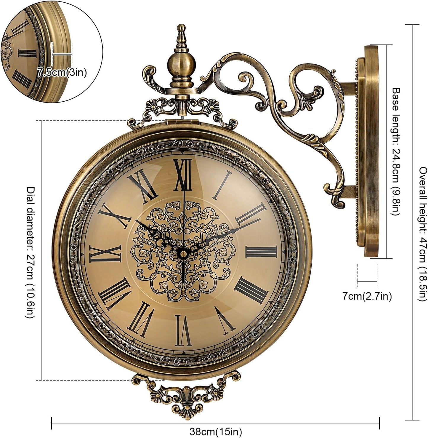 Large Vintage Double Sided Wall Clock with Glass & Metal, Roman and Arabic Numerals, Silent Non-Ticking Battery Operated Antique Clock for Living Room, Office, Hallway Decor (15x18.5 Inch)