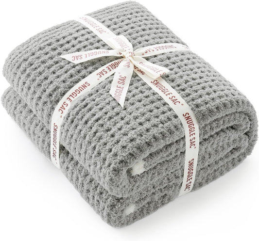 Snuggle Sac Ultra Soft Waffle Throw Blanket for Couch Bed Sofa 50x60 inches, Reversible Grey Blanket Microfiber Fluffy Fuzzy Cozy Knit Throws for Women Mothers Birthday Gifts