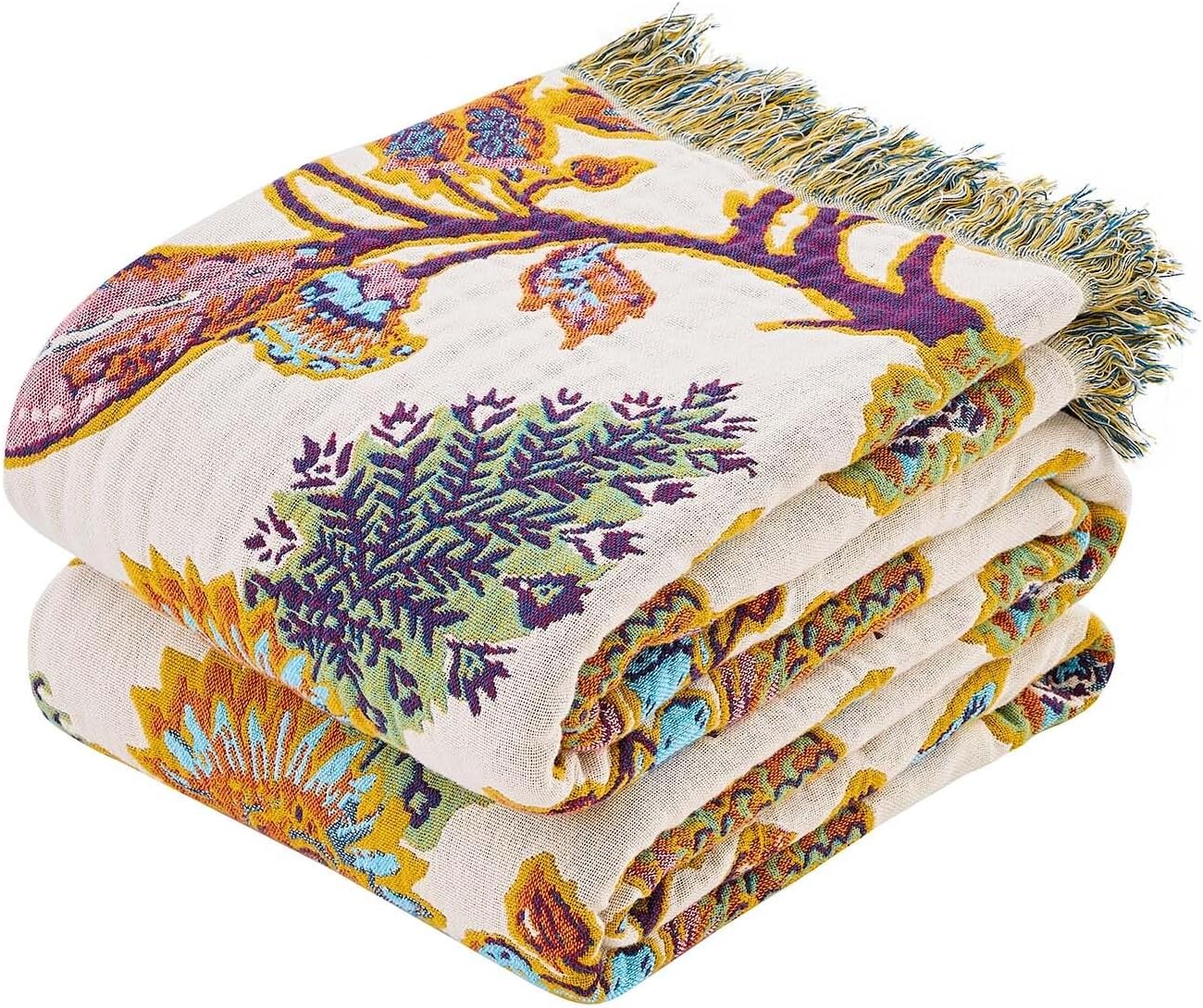 Boho Throw Blanket for Bed, 100% Cotton Soft Rustic Quilt Fall Blanket, 90"x98" Floral Printed Farmhouse Decor Bed Blankets, All Season Rustic Reversible Bohemian Throw Quilt