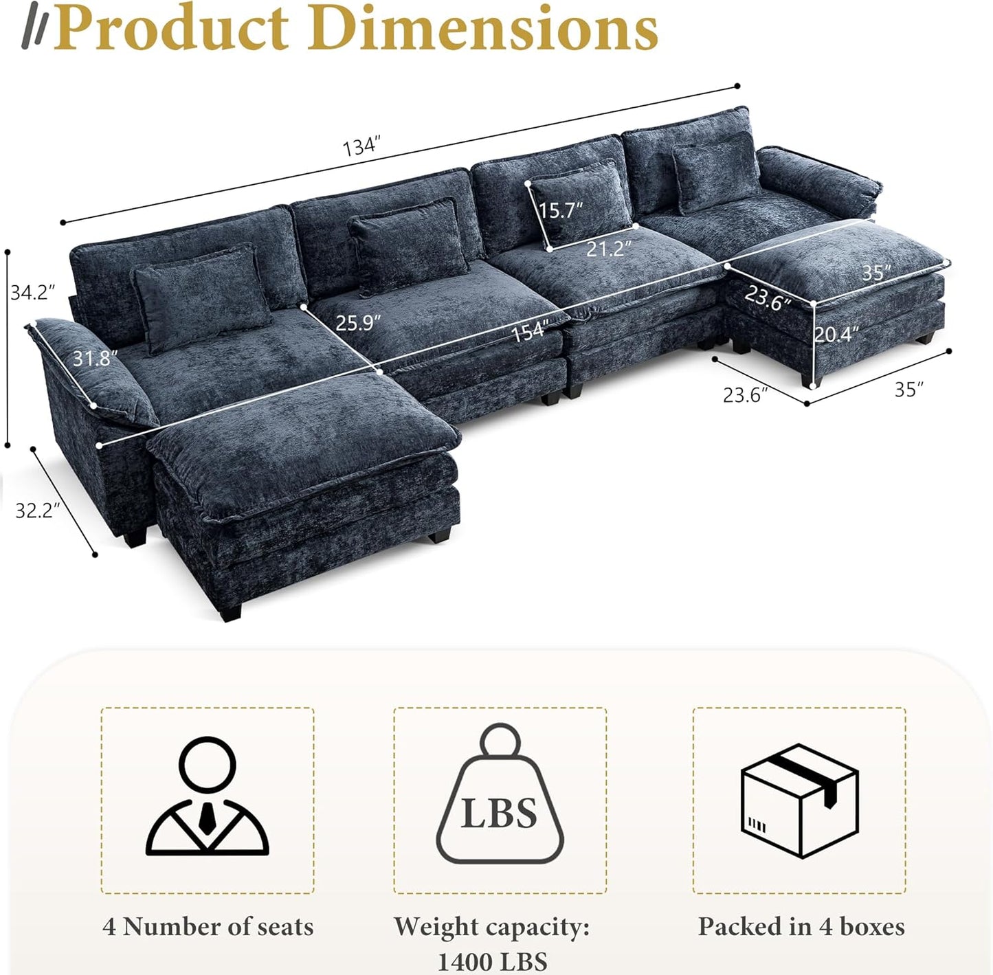 URRED Modular Sectional Sofa Comfy Cloud Couch, Modern Chenille Sofa Sleeper Deep Seat Couches with Ottoman/Pillows for Living Room (Blue, 154'' - U Shape)