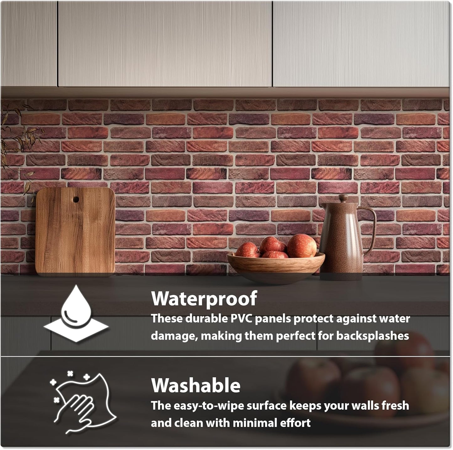 CONCORD WALLCOVERINGS ™ 3D Red Faux Brick Wall Panels - Pack of 10, Lightweight 17.5" x 24" (44.5 cm x 61 cm) PVC Sheets, Decorative Stone Tiles for Living Room, Kitchen - Covers 28.86 Sq Ft (572OR)