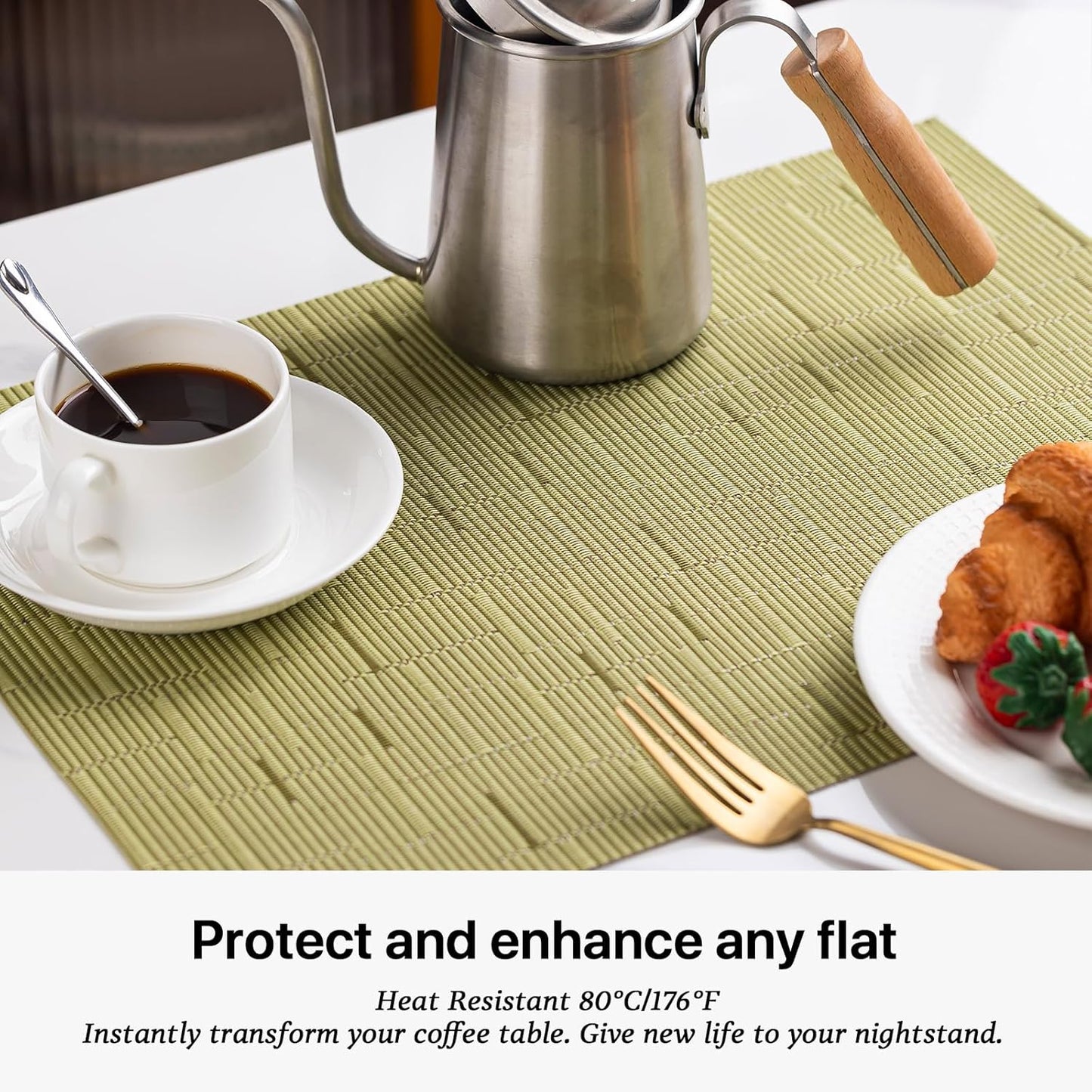 LEXMORE Placemats Set of 4 Vinyl/Plastic Woven Place Mats for Kitchen Table Indoor/Outdoor Washable Placemat Wipeable Dining Table Mats(Pea Green)