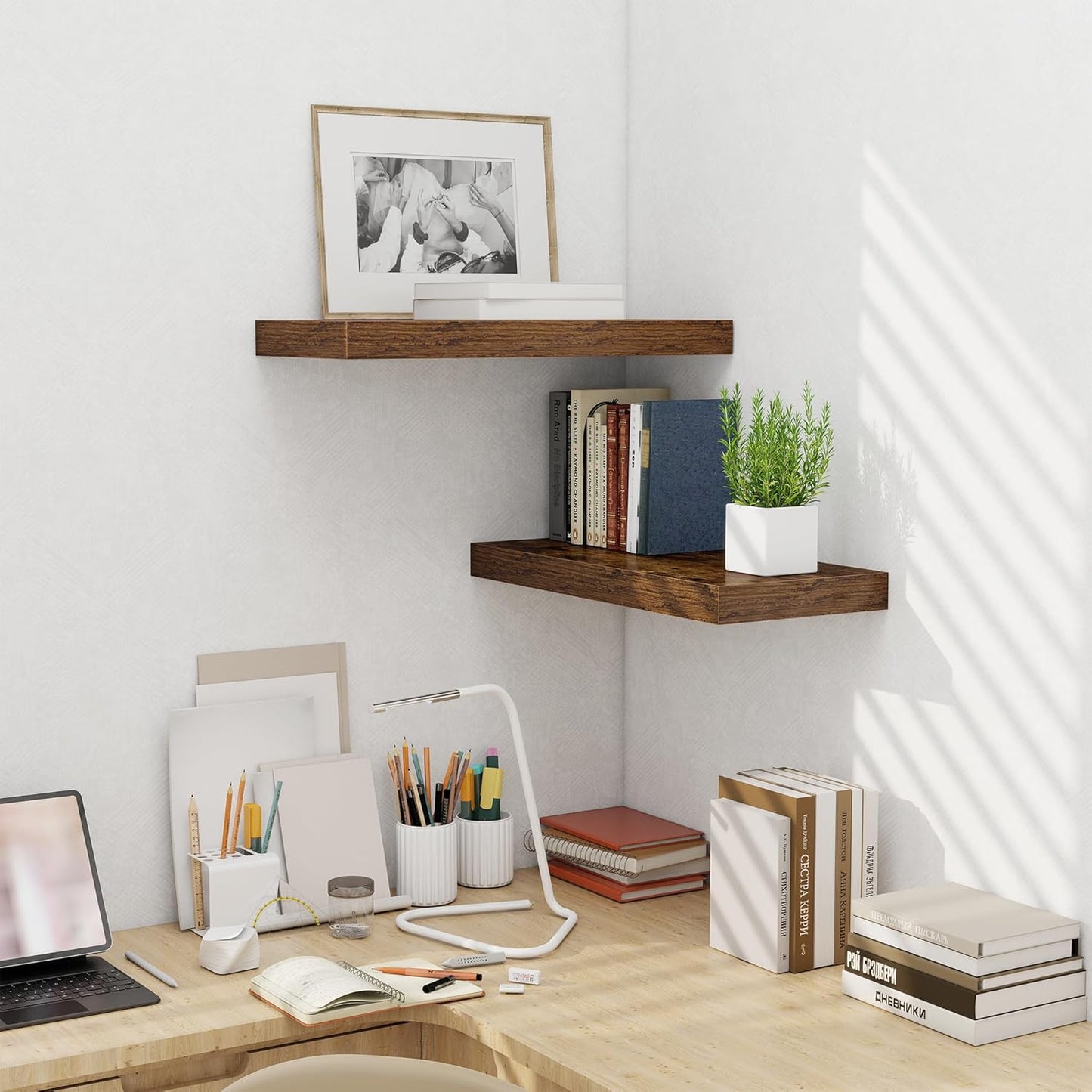 Fun Memories 24 Inch Floating Shelves Wall-Mounted, 10 Inch Deep Wall Shelves, 24 x 10 Floating Shelf for Living Room Bathroom Bedroom, Rustic Brown, Set of 2