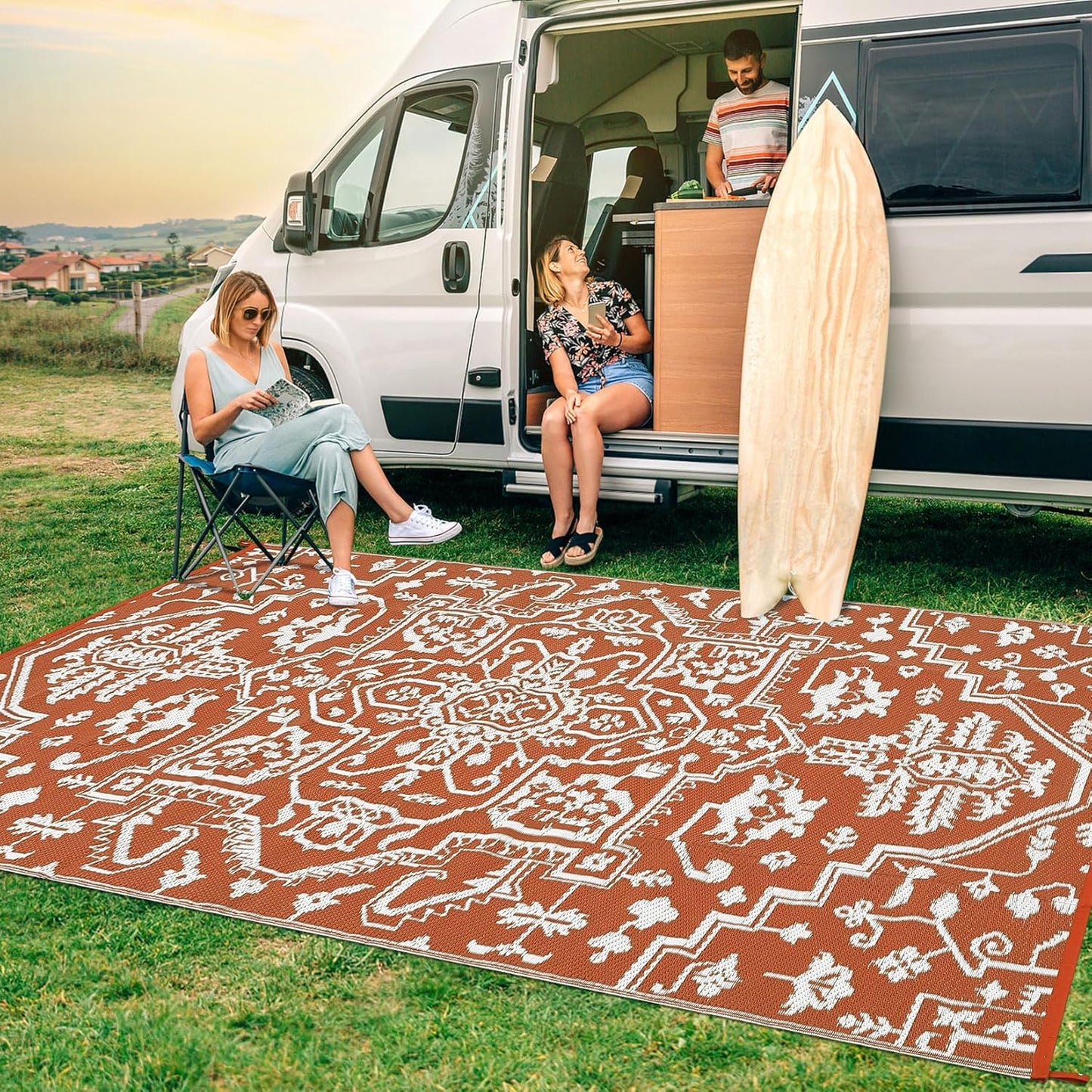 Waterproof Outdoor Rug 9x18 Reversible Plastic Straw Patio Rug, Stain-Resistant Vintage Medallion Carpet, Large Indoor Outdoor RV Mat for Deck, Camping, Balcony, Vintage Terracotta Brick/White