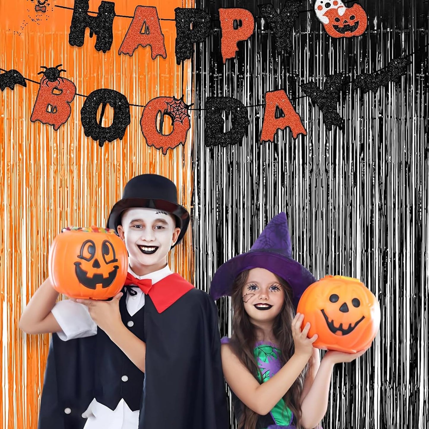 BRAVESHINE 1 Black 1 Orange Tinsel Photo Backdrop Curtains - 3.2x8.2ft Foil Fringe Streamer Curtain for Birthdays, Halloweens, Graduations, Pumpkin, Home, Indoor or Outdoor Party Supplies Decorations