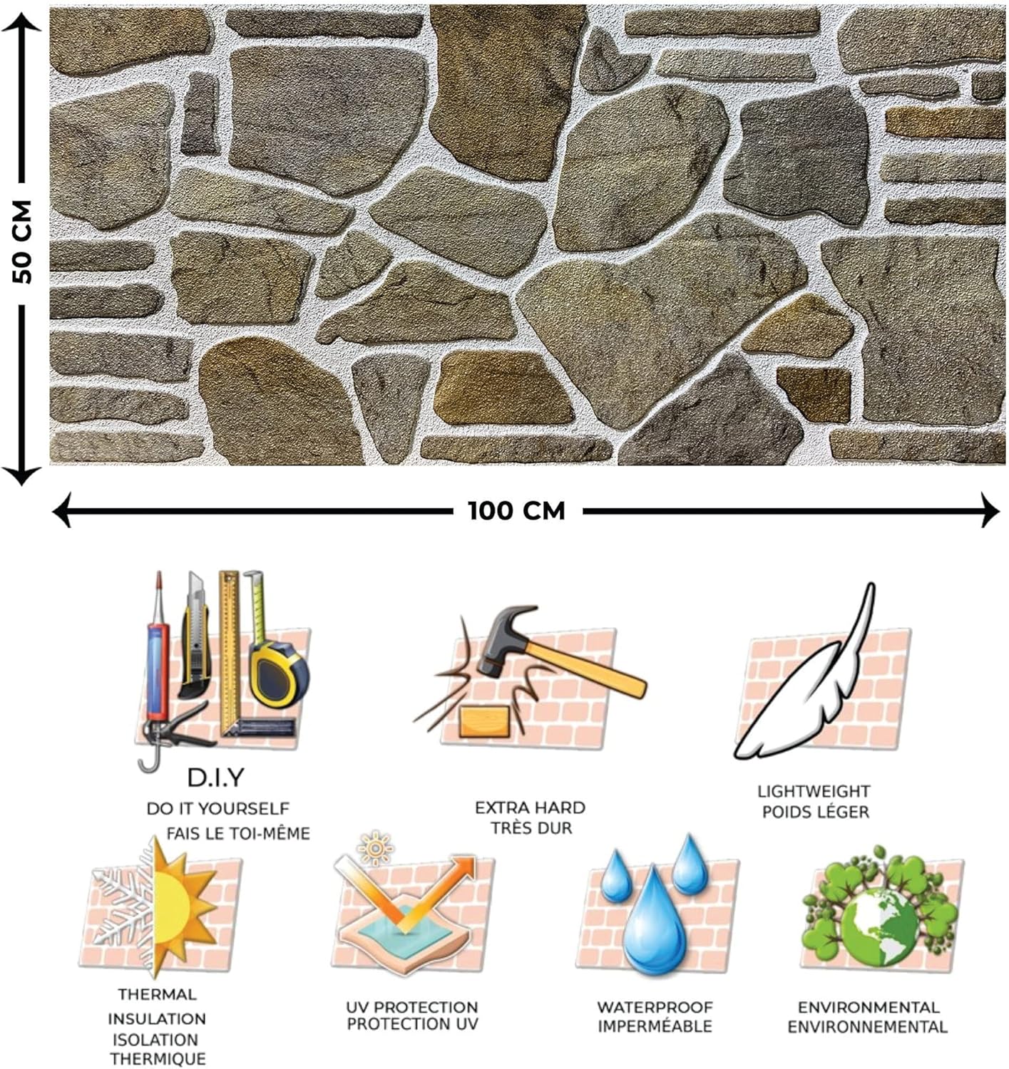 Dundee Deco 3D Wall Panels - Cladding, Grey Caramel White Stone Look Wall Paneling, Styrofoam Facing for Interior and Exterior Applications, DIY, Set of 10, Covers 54 sq ft