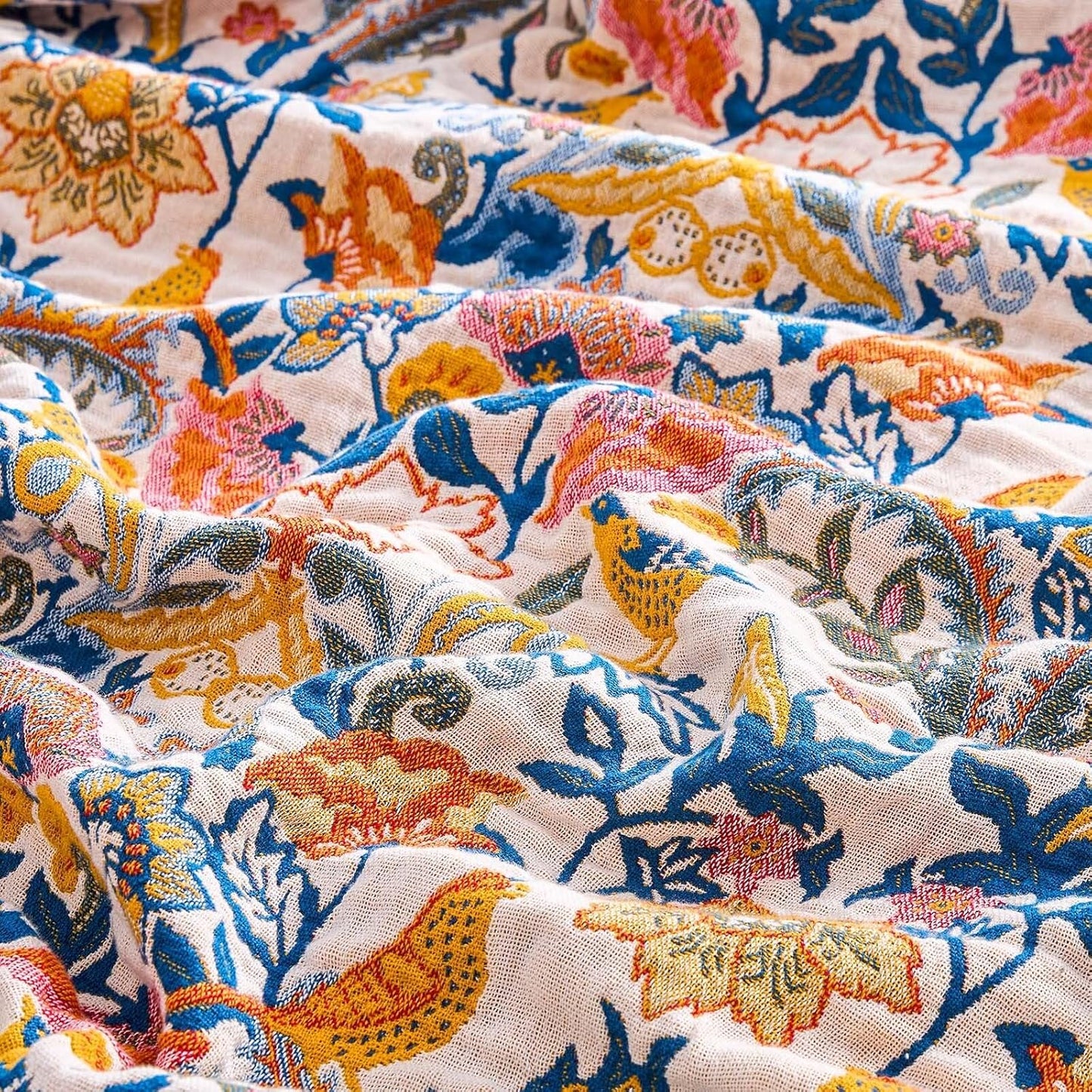 Boho Blanket Throw Quilt, 100% Cotton Soft Light Weight Throw Blankets for Summer, 80"x90" Farmhouse Flower Decorative Blankets, All Season Rustic Reversible Bohemian Throw Quilt