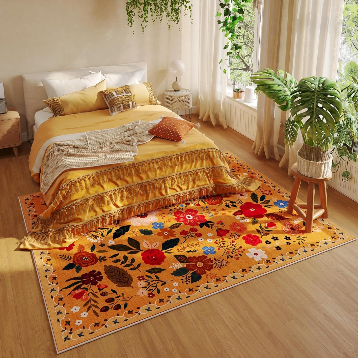 Living Room Rug 6x9 Rug Machine Washable Boho Area Rug Non Slip Floral Vintage Low Pile Large Rug for Living Room, Bedroom, Farmhouse, Dining Room, Kids Playroom(Yellow)