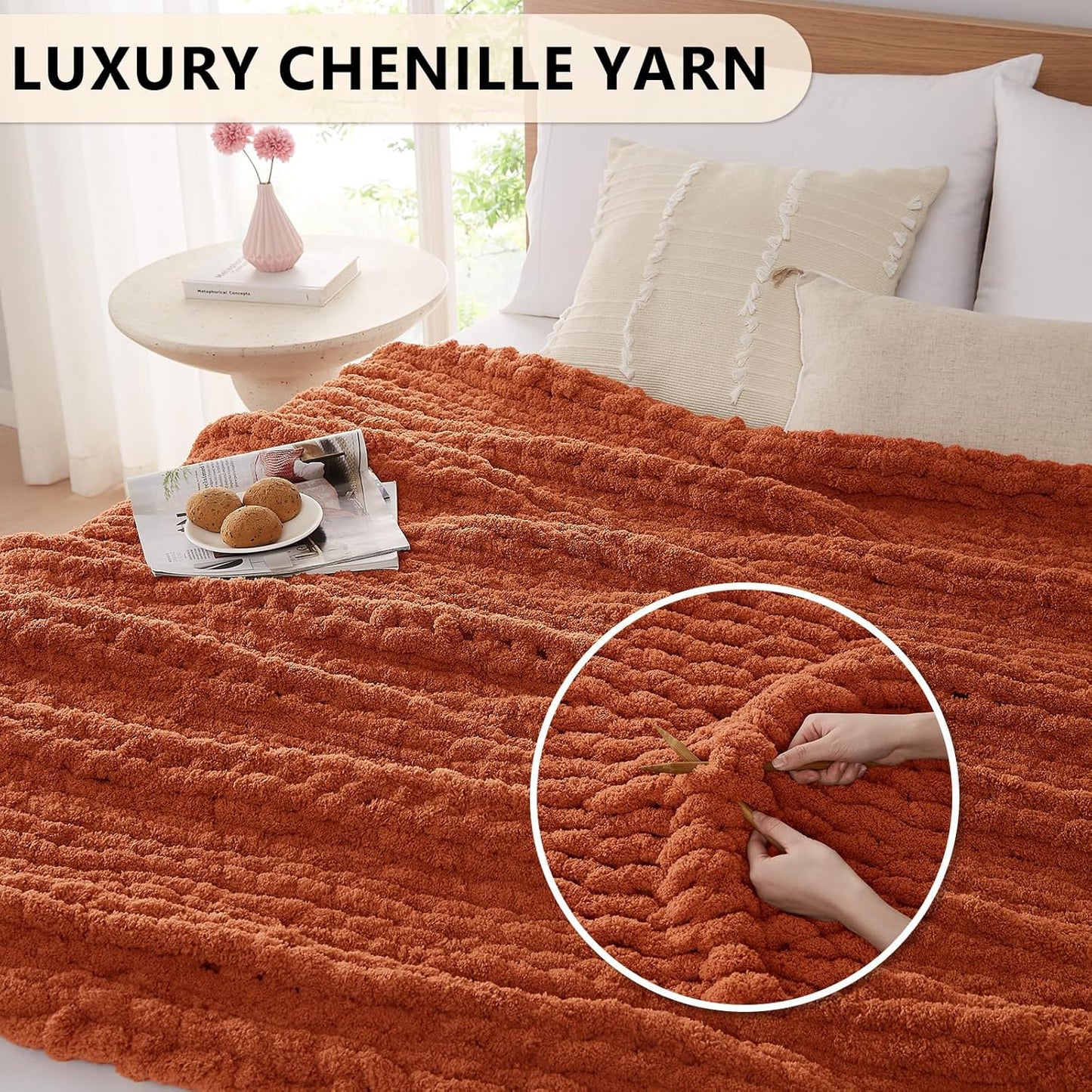 L'AGRATY Chunky Knit Blanket Throw: 80''x90'' Chenille Chunky Knitted Throw Blankets for Bed Couch - Handmade Thick Big Cable Knit Blanket - Large Crochet Rope Blankets for Home Decor(Rusty Orange)