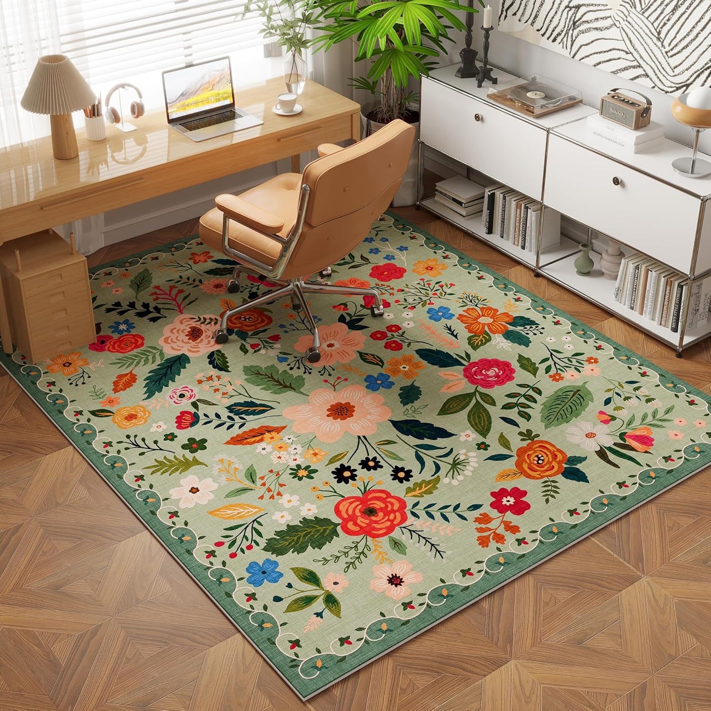 Area Rug 4x6 Rug Washable Boho Rugs Non Slip Low Pile Floral Small Carpet for Bedroom, Bedside, Kids Room, Office, Dining Room(Green)