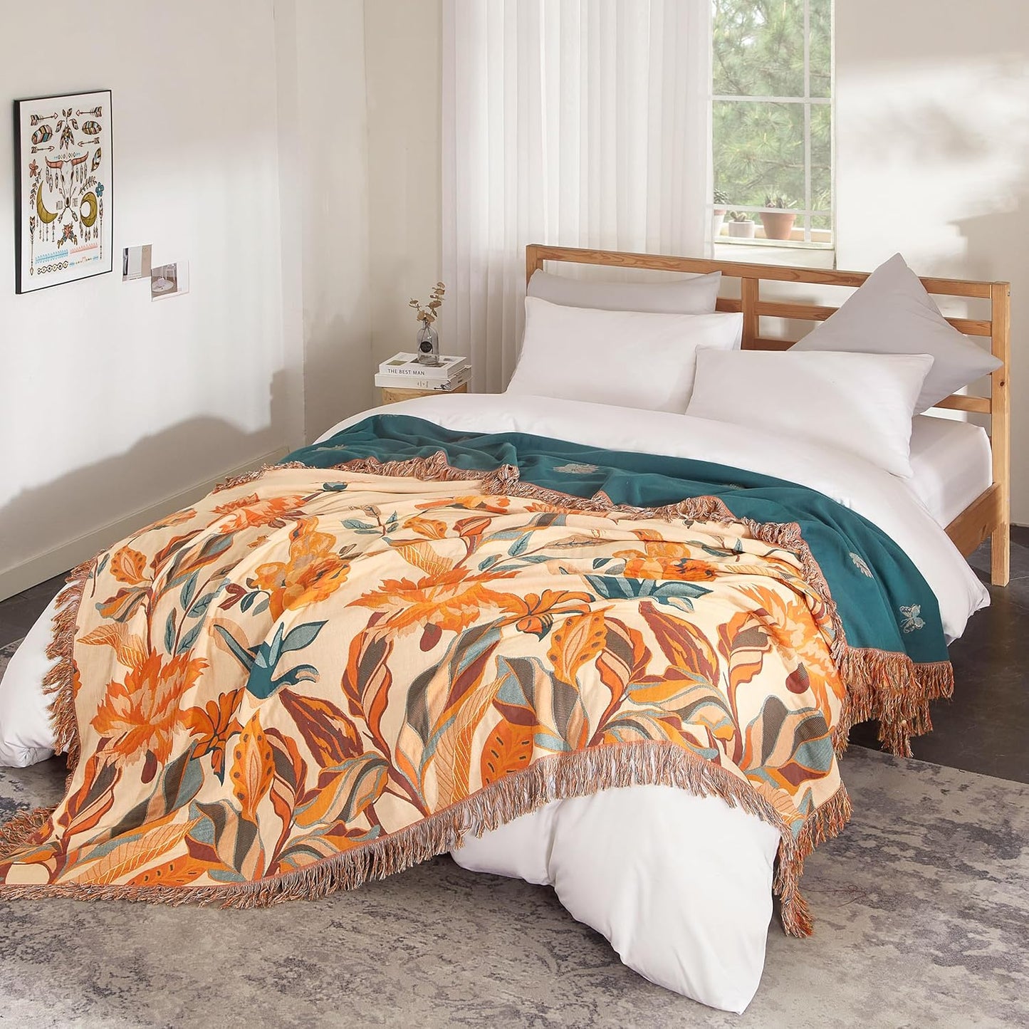 Boho Throw Blanket for Bed 80”x90”, 100% Cotton Woven Blanket for Couch Sofa, Ultra Soft 4-Layer Muslin Quilt with Floral Printed, Farmhouse Bed Blanket/Cover for Living Room Decor