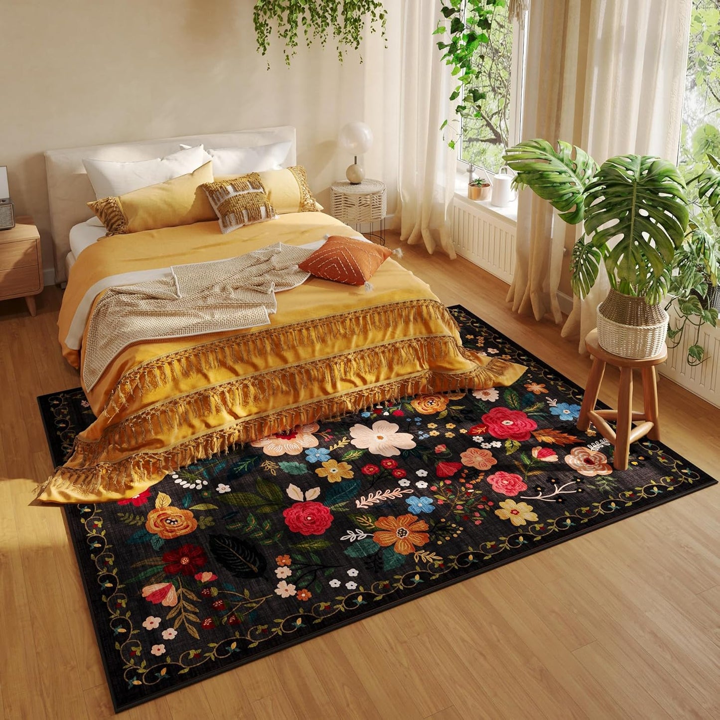 Living Room Rug 6x9 Rug Machine Washable Boho Area Rug Non Slip Floral Vintage Low Pile Large Rug for Living Room, Bedroom, Farmhouse, Dining Room, Kids Playroom(Black)