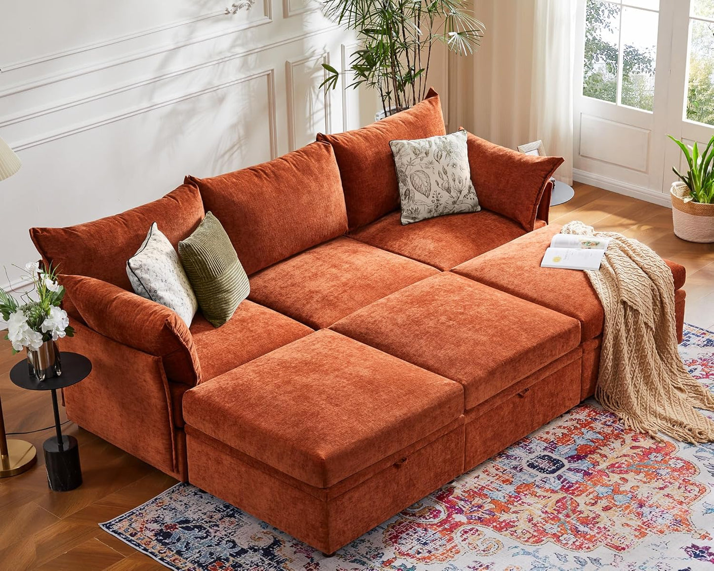 102.6" Luxury Modular Sleeper Sofa Bed 6 Seat Reversible Sectional Couch Deep Seat with Storage Chaises Removable Cover for Living Room, Apartment - Chenille Terracotta Orange