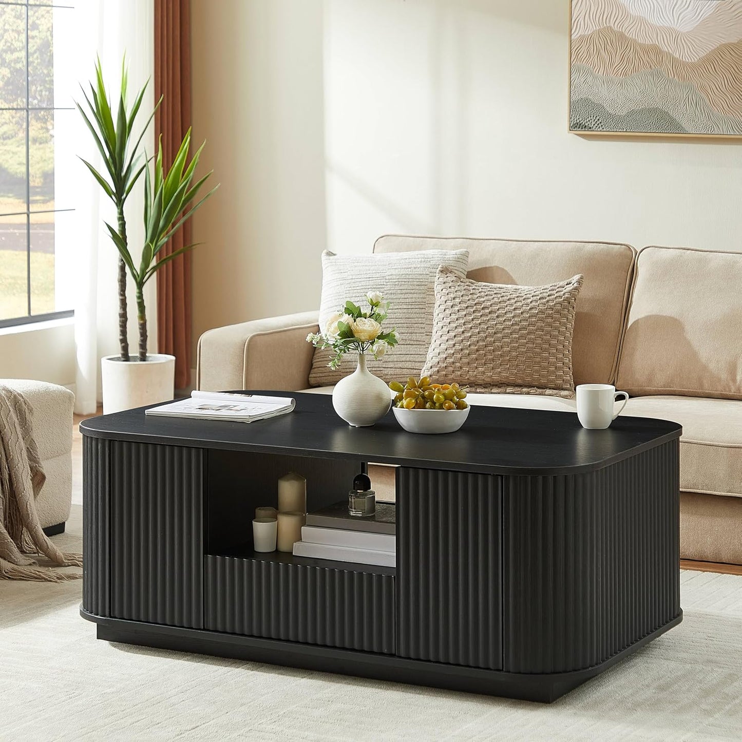 46.5" Oval Coffee Table with Drawers and Storage Mid Century Modern Fluted Solid Wood Side Coffee Tables, Luxury Tea Table Center Table for Living Rooms Offices Apartmen, Black