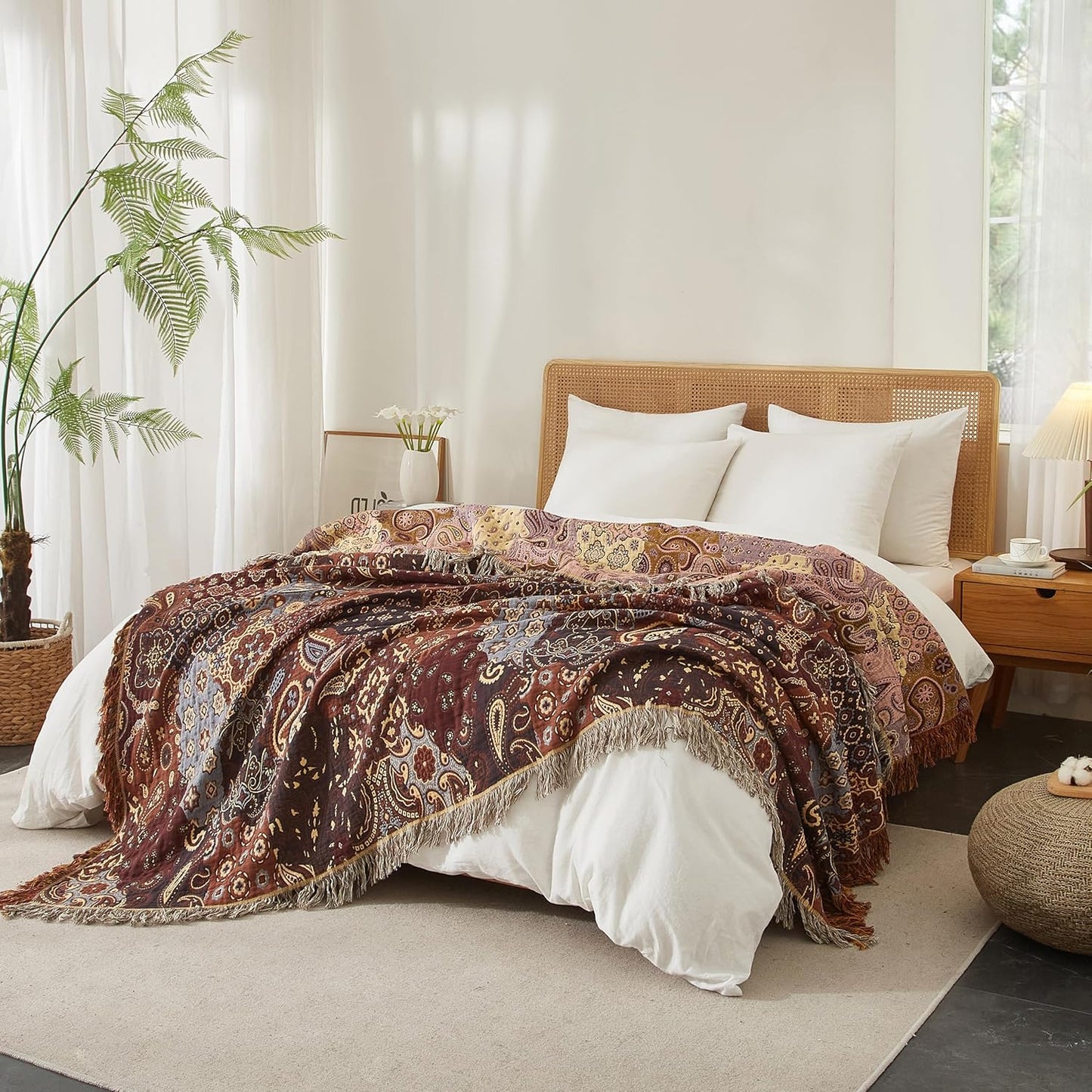 Boho Throw Blanket for Bed 60”x80”, 100% Cotton Woven Blanket for Couch Sofa, Ultra Soft 4-Layer Muslin Quilt with Patchwork Floral Printed, Farmhouse Bed Blanket/Cover for Living Room Decor