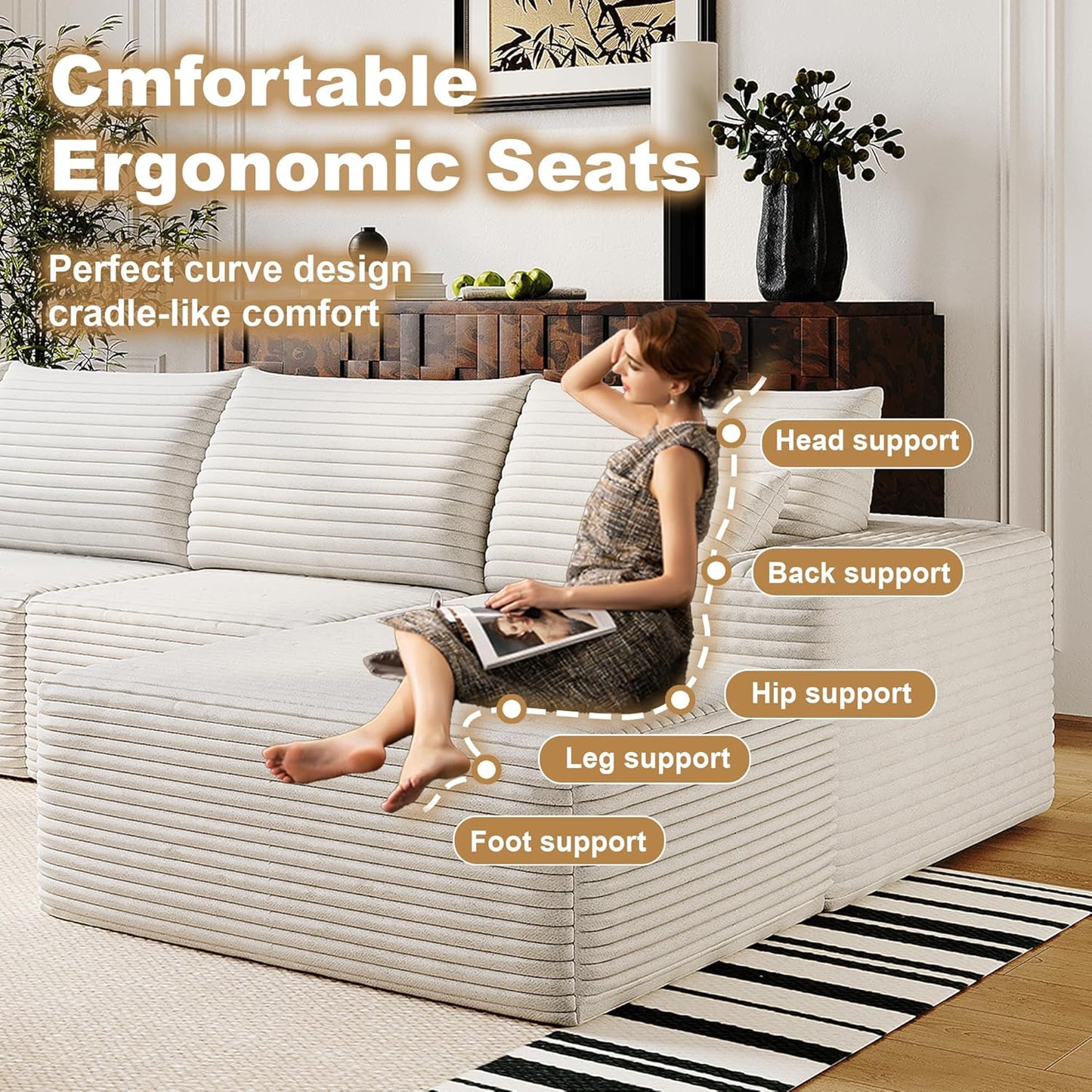 108" Sectional Couches for Living Room Modern Modular Sofa with L-Shape Couchs Upholstered Boneless Couch Deep Seat Sectional Couch with Chaise (White, Right Facing Chaise+2Seaters)
