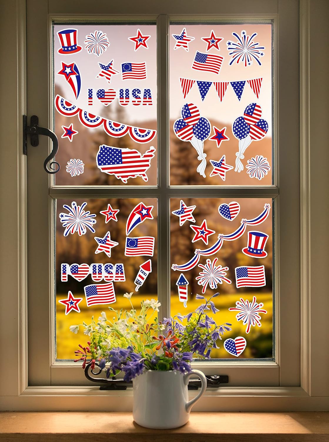Iconikal July 4th Static Cling Window Decorations, Patriotic American Flag, 200-Count
