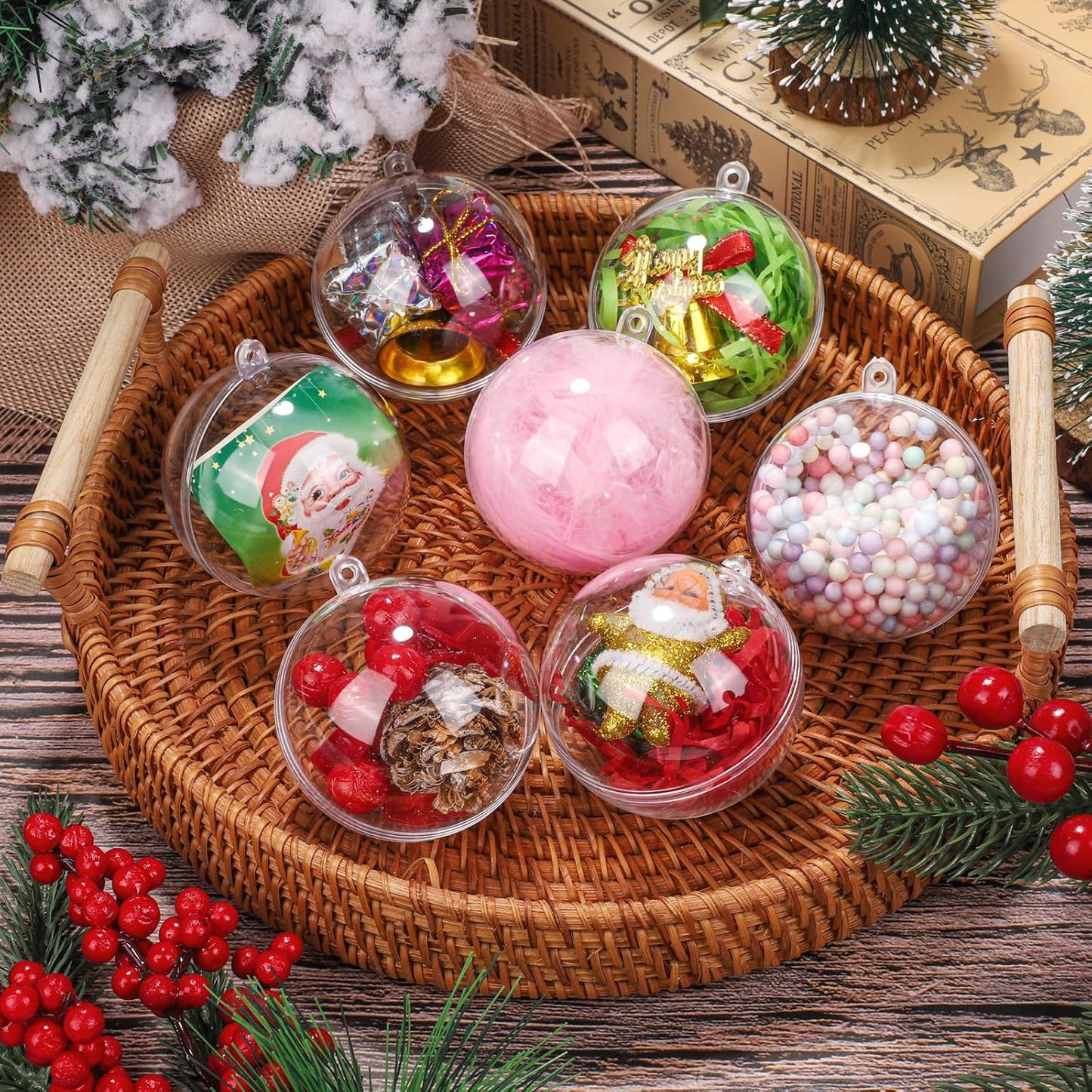 ANVAVO 50 Clear Plastic Fillable Ball Ornaments - DIY Craft Transparent Baubles - Shatterproof Christmas Tree Hanging Ornaments for Christmas, New Years, Birthday, Wedding, Home Decor
