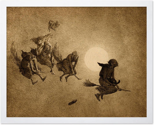 Poster Master Vintage William Holbrook Beard Poster - Retro Occult Print - Gift for Gothic, Horror Fan - The Witches Ride, Pagan, Goth, Magic - Wall Decor for Bedroom, Dorm, 8x10 White Framed