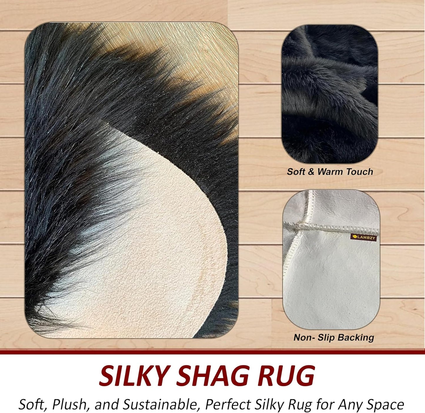 LAMBZY Faux Sheepskin Hypoallergenic Free Shape Silky Shag Rug, Luxury Shaggy Plush Carpet for Bedrooms Living Room Kids Rooms Sofa Floor Rugs (Double Side by Side 3'x4', Black)
