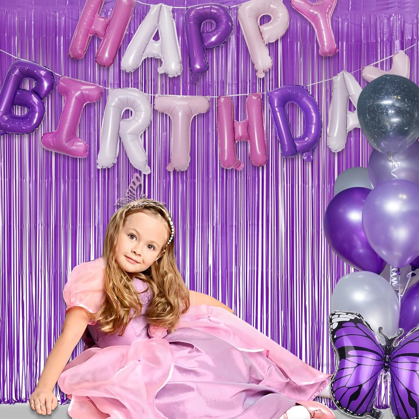 Purple Foil Fringe Party Backdrop - GREATRIL Party Streamers for Mermaid/Butterfly/Wednesdays/Star Birthdays Party Decoration - 3.2ft X 8.2ft - 2 Packs