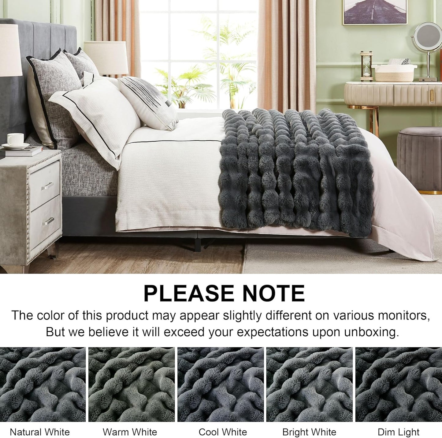 DREAMNINE Large Soft Thick Fuzzy Bubble Faux Rabbit Fur Bed Blanket Full Size 70" x 80",Reversible Gray Plush Big Warm Shaggy Fluffy Blankets for Winter,Solid Luxury Cozy Cute Bumpy Furry Blanket,Grey