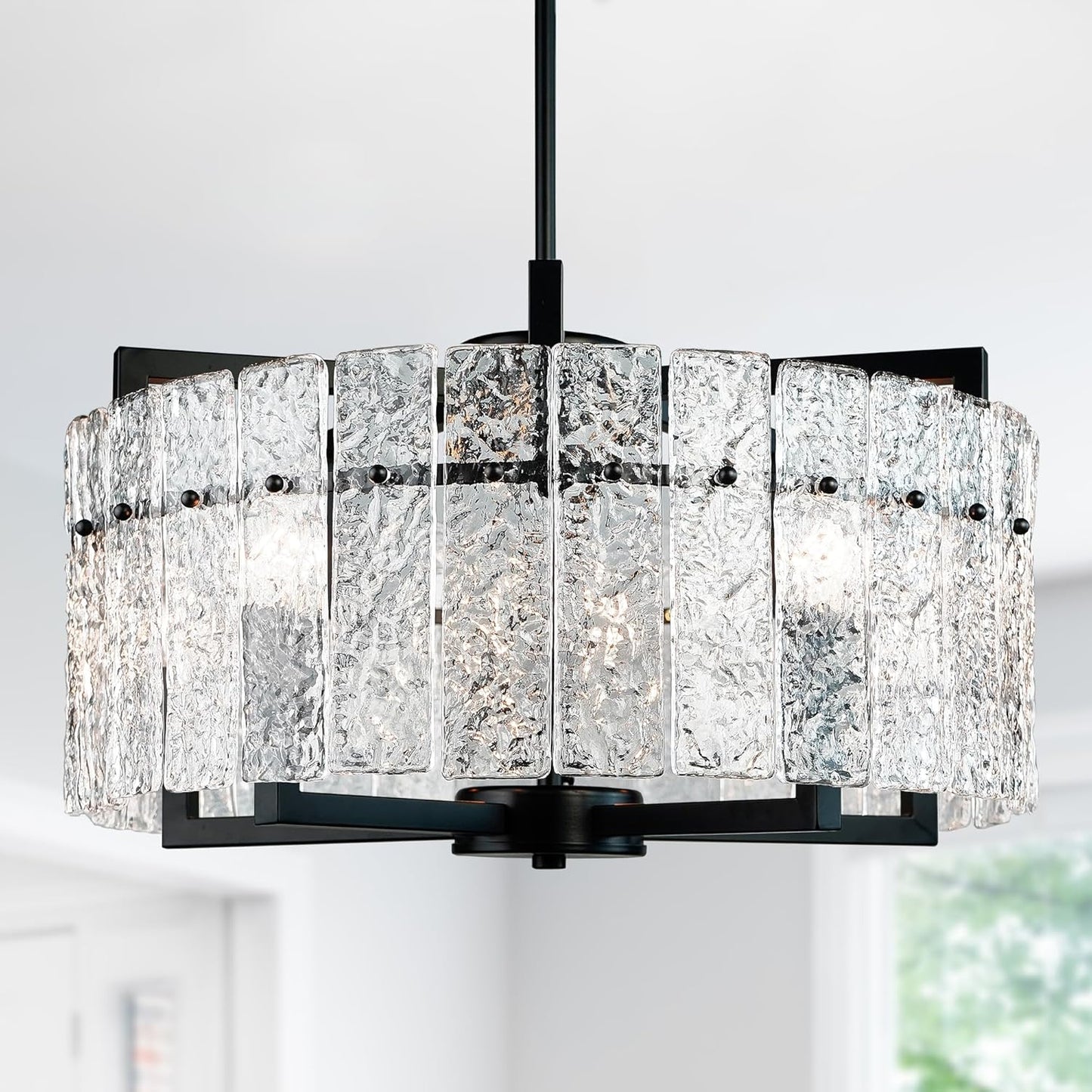 IKK Modern Black Crystal Chandeliers for Dining Room, Luxury Water Ripple Glass Light Fixture, Elegant Farmhouse Round Lighting for Kitchen Island, Bar Table, D20