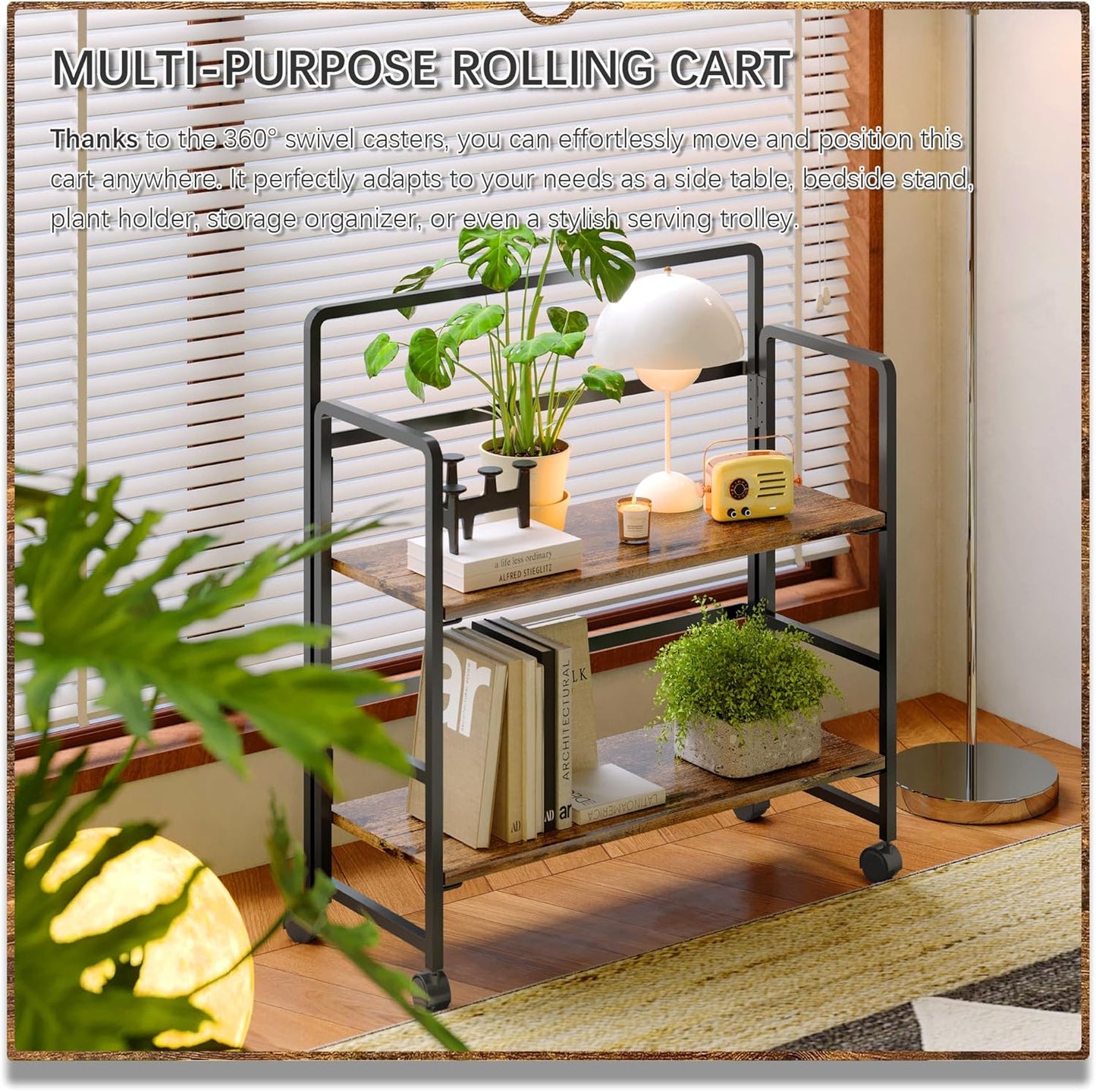 4NM 2 Tiers No-Assembly Folding Bookshelf with Wheels, Portable Rolling Storage Bookcase & Compact Side Table for Living Room, Bedroom, Kitchen, Bathroom (Rustic Brown and Black)