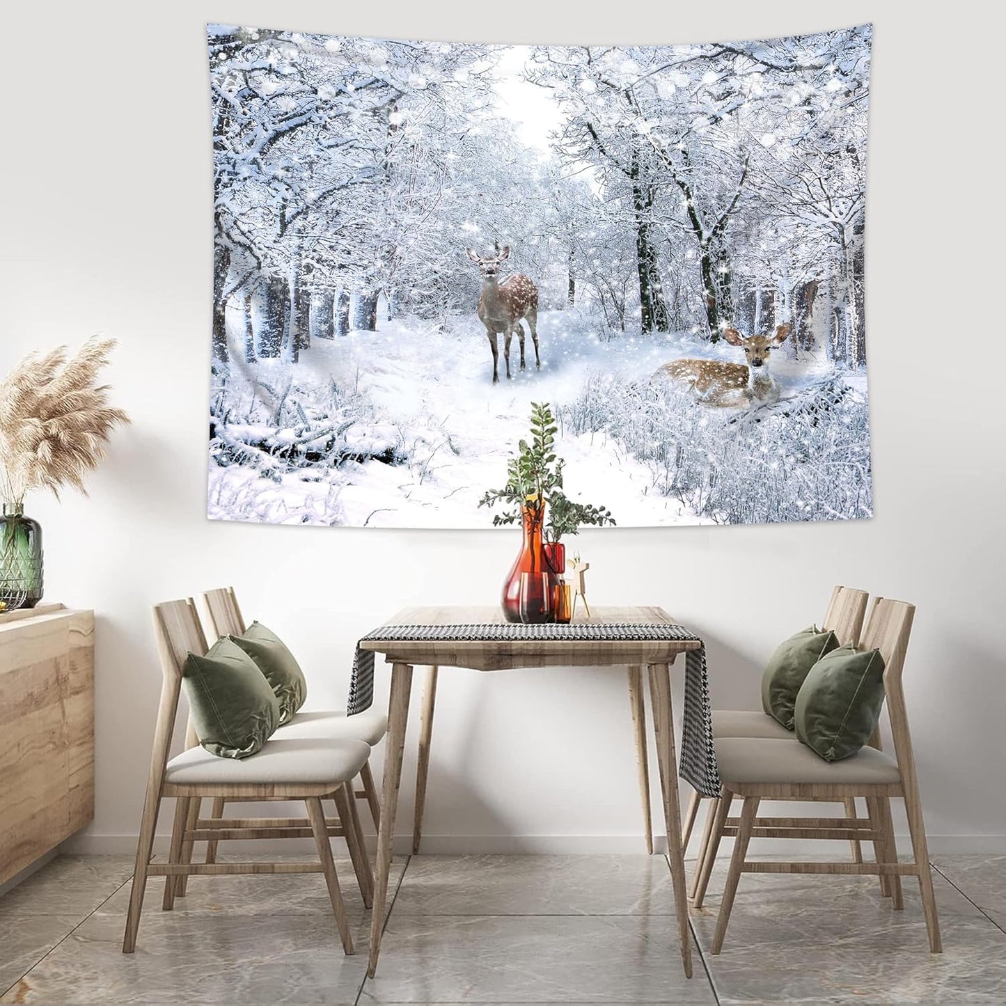 QGHOT Winter Tapestry Wall Hanging, Snow Scene Backdrop Winter Wonderland Wall Decor Snowy Forest Wall Art Nature Woodland Deer Tapestry for Bedroom Room Dorm Party Decoration, Extra Large