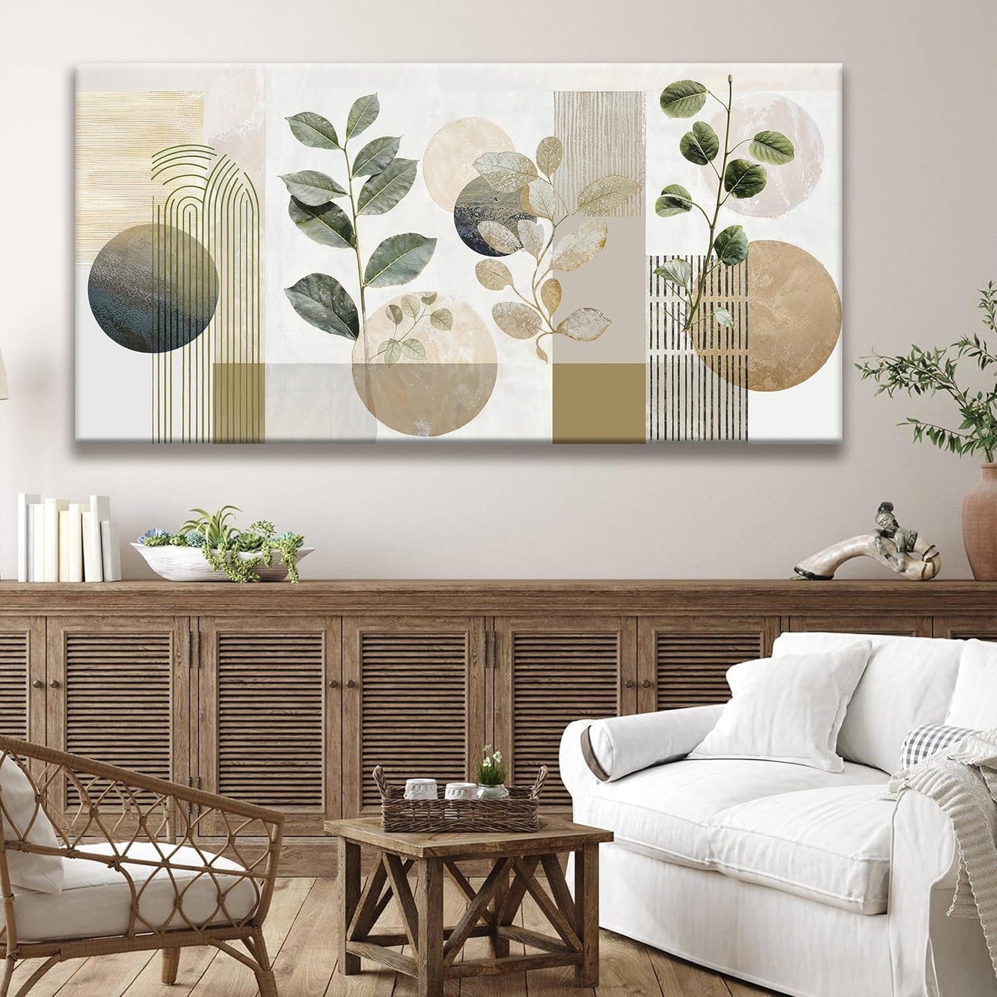 TAIJXAGSG Large Boho Green Wall Art For Living Room 29x58 In Green Botanical Boho Wall Art Modern Sage Bohemian Canvas Art Wall Decor Natural Abstract Geometry Lines Prints Picture Ready To Hang