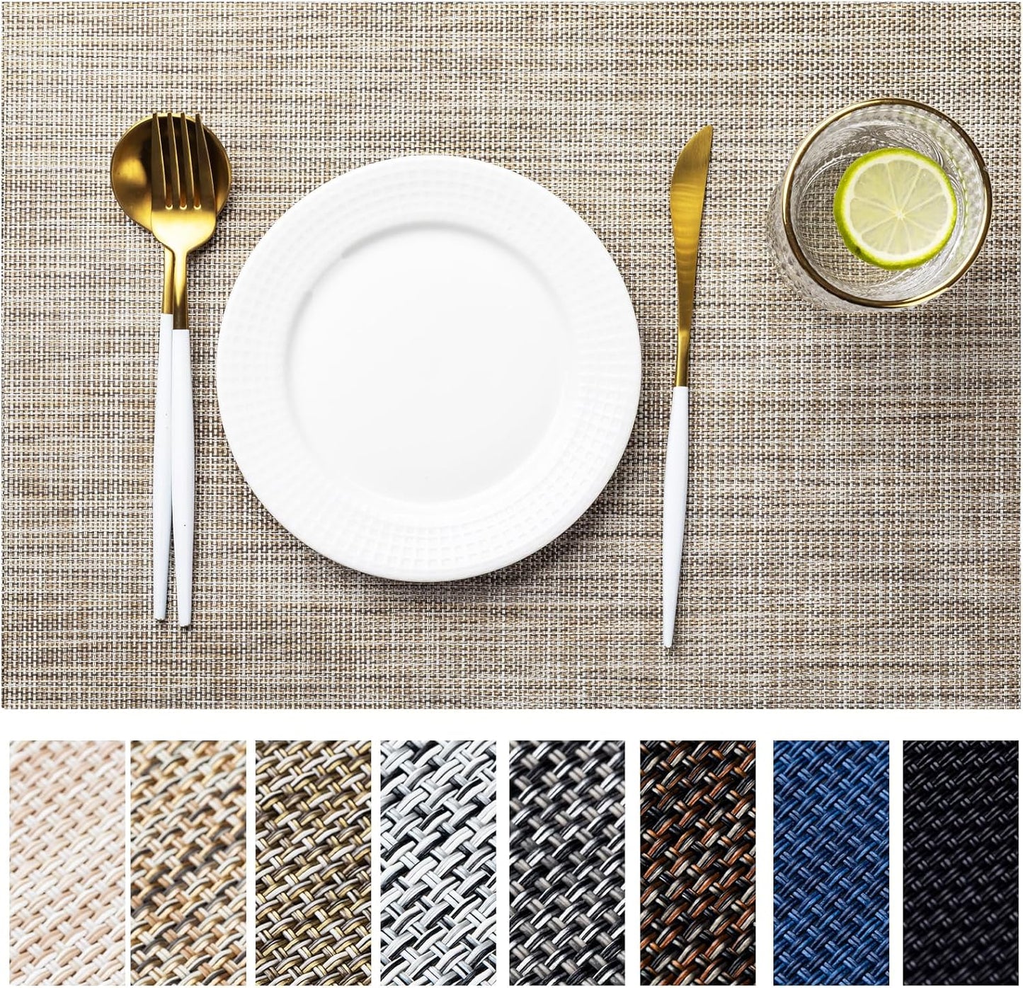LEXMORE Placemats Set of 6 Vinyl/Plastic Woven Place Mats for Kitchen Table Indoor/Outdoor Washable Placemat Wipeable Dining Table Mats(Caramel)