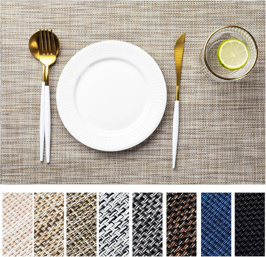 LEXMORE Placemats Set of 6 Vinyl/Plastic Woven Place Mats for Kitchen Table Indoor/Outdoor Washable Placemat Wipeable Dining Table Mats(Caramel)