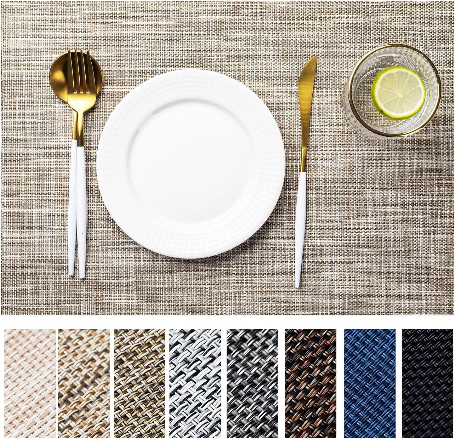 LEXMORE PlaceMats Set of 12 Vinyl/Plastic Woven Place Mats for Kitchen Table Indoor/Outdoor Washable PlaceMat Wipeable Dining Table Mats(Caramel)