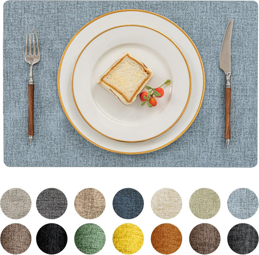 Romanstile Vinyl Placemats Set of 6-12 X 18 Inch - Heat Resistant Place Mats 100% Waterproof Oilproof Wipeable Reversible Faux Leather Table Mats for Kitchen/Dining/Party/Outdoor, Sky Blue