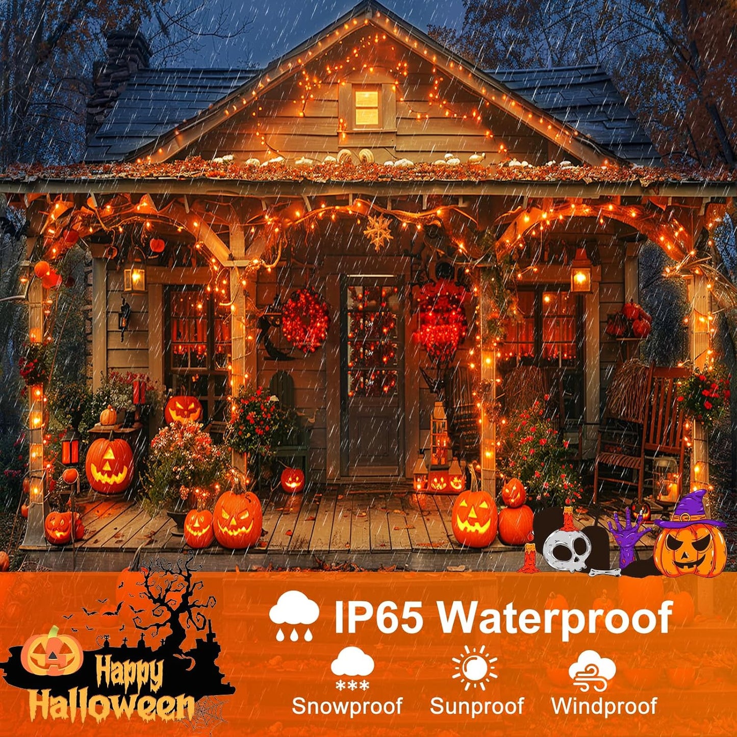 Orange Halloween Lights Outdoor, 100FT 300 LED Halloween String Lights with 8 Modes Waterproof, Plug in Green Wire Twinkle Tree Light for Indoor Patio Yard Party Holiday Decorations
